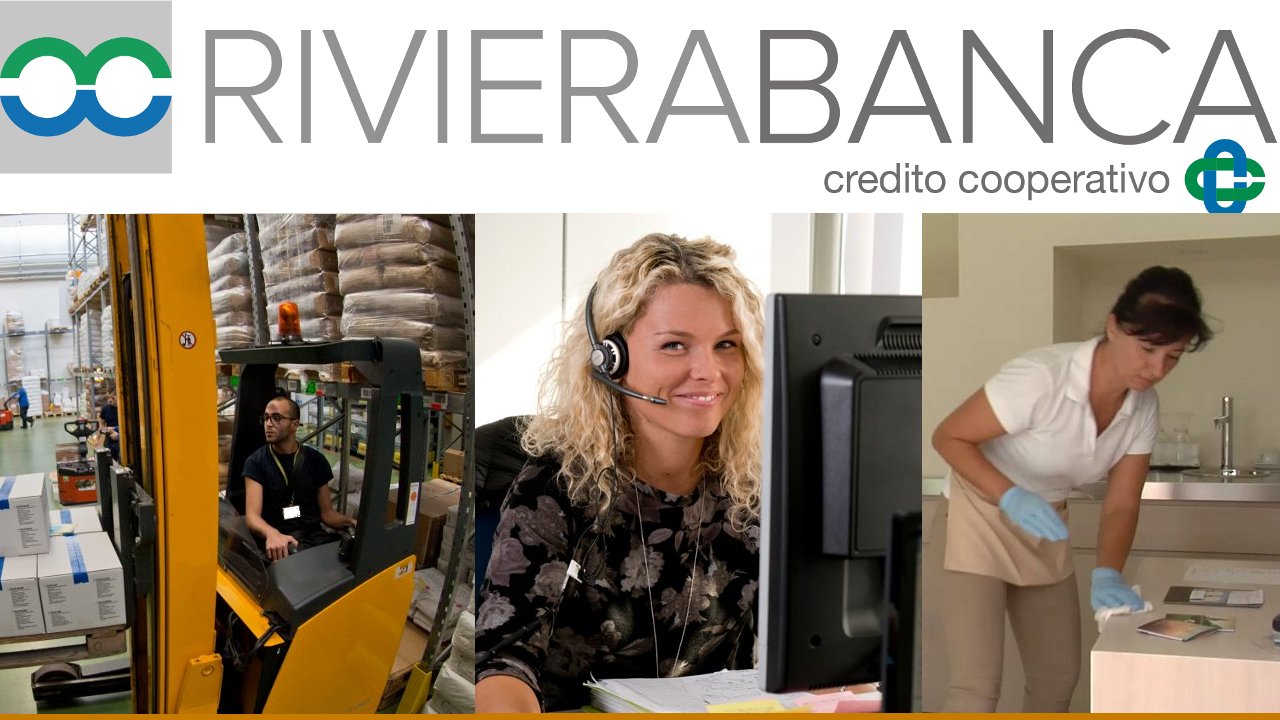 Il logo di Riviera Banca e tre immagini di lavoratori al lavoro