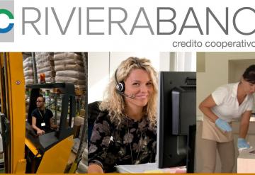 Riviera Banca finanzia la formazione per l’inserimento sul lavoro di due persone svantaggiate nella Cooperativa Sociale In Opera Il logo di Riviera Banca e tre immagini di lavoratori al lavoro