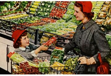 Una immagine vintage al supermercato, tratta da una pubblicità e riprodotta da Paul Malon Donna al supermercato, anni 50 Usa